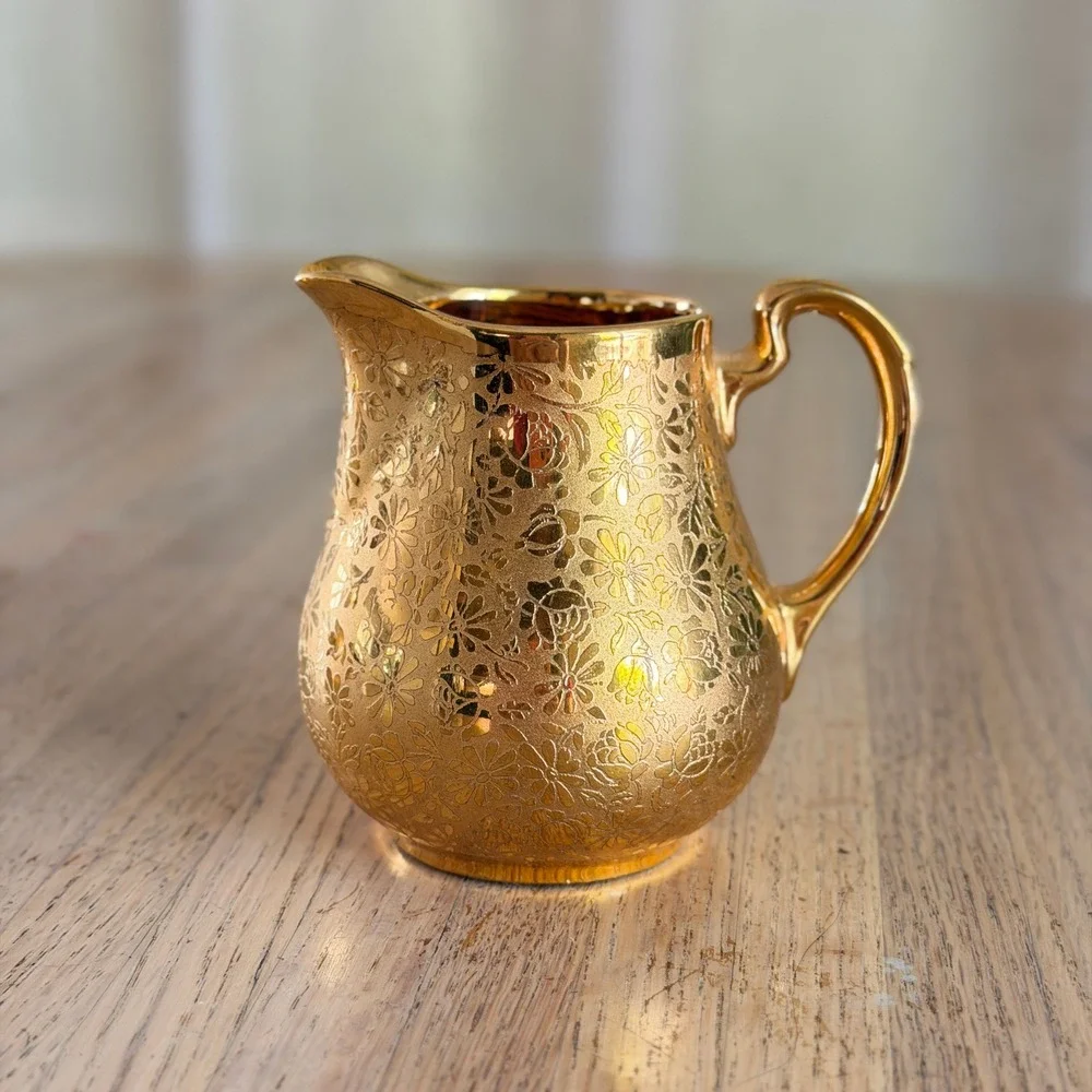 Vtg 50s Ransgil China 22K Gold Encrusted Floral Etched Creamer & Sugar Bowl Set